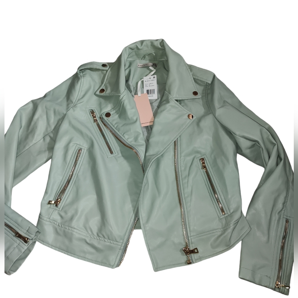 Black Tape Womens Long-Sleeve  Moto faux leather bomber jacket.   Mint Green M